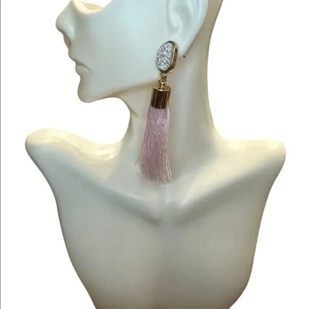 Rhinestone and Pink Tassel Dangle Earrings